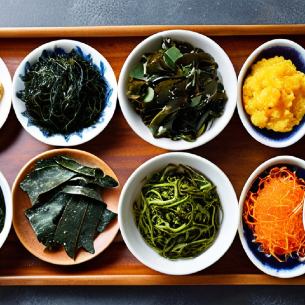 **Image of diverse sea vegetables (kelp, nori, etc.) arranged attractively on a plate or in bowls.** Focus on vibrant colors and textures. The image should convey the message of nutritious and delicious food.