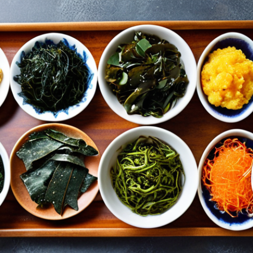 Home 4 **Image of diverse sea vegetables (kelp, nori, etc.) arranged attractively on a plate or in bowls.** Focus on vibrant colors and textures. The image should convey the message of nutritious and delicious food.